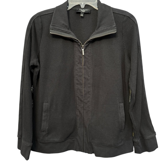 Talbots Petites Black Zip Up Jacket Women M Waffle Knit Cotton Blend - Picture 1 of 7